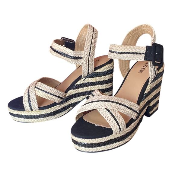 Stripe Espadrille Platform Sandals Womens 9.5 Brown Wedge Heel Open Toe Ladies - Picture 7 of 8